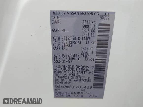 ✅ 2015 Nissan Pathfinder SL • VIN: 5N1AR2MM5FC705429 • Lot: 42678231. Wystawiony na IAAI z przebiegiem 162 526 mil. Bezpłatny archiwum sprzedaży aukcyjnych z USA i szczegółowy raport historii pojazdu na DreamBid. Zdjęcie 9.