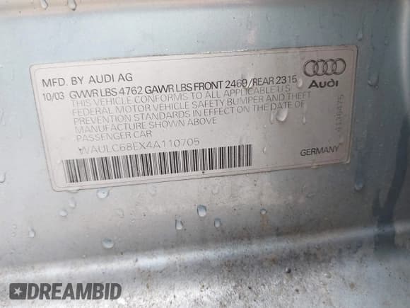 ✅ 2004 Audi A4 1.8T • VIN: WAULC68EX4A110705 • Lot: 42466648. Listed on IAAI with 163,799 mi. Free auction sales archive from the USA and detailed vehicle history report at DreamBid. Image 9.