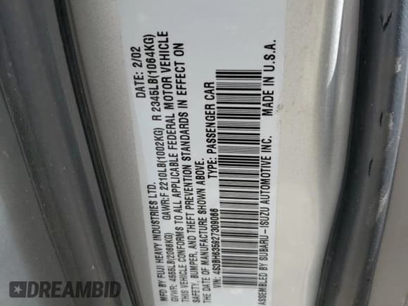 ✅ 2002 Subaru Legacy L • VIN: 4S3BH635927309066 • Lot: 58578394. Wystawiony na Copart z przebiegiem 84 496 mil. Bezpłatny archiwum sprzedaży aukcyjnych z USA i szczegółowy raport historii pojazdu na DreamBid. Zdjęcie 12.