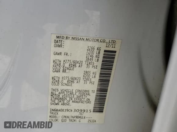 ✅ 2012 Nissan Titan SV • VIN: 1N6BA0EJ9CN309915 • Lot: 64922525. Wystawiony na Copart z przebiegiem Nie podano. Bezpłatny archiwum sprzedaży aukcyjnych z USA i szczegółowy raport historii pojazdu na DreamBid. Zdjęcie 12.