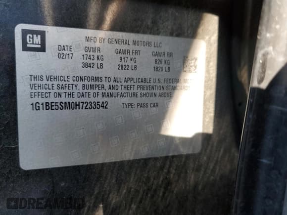 ✅ 2017 Chevrolet Cruze LT • VIN: 1G1BE5SM0H7233542 • Lot: 46201313. Listed on Copart with 179,603 mi. Free auction sales archive from the USA and detailed vehicle history report at DreamBid. Image 12.