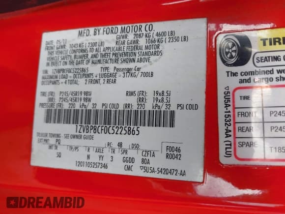 ✅ 2012 Ford Mustang GT Premium • VIN: 1ZVBP8CF0C5225865 • Lot: 42292396. Listed on IAAI with 178,699 mi. Free auction sales archive from the USA and detailed vehicle history report at DreamBid. Image 9.