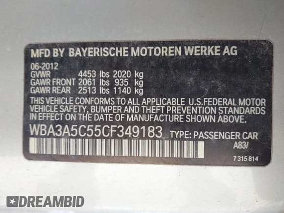 ✅ 2012 BMW 3 Series 328i • VIN: WBA3A5C55CF349183 • Lot: 43226852. Listed on IAAI with 96,863 mi. Free auction sales archive from the USA and detailed vehicle history report at DreamBid. Image 9.