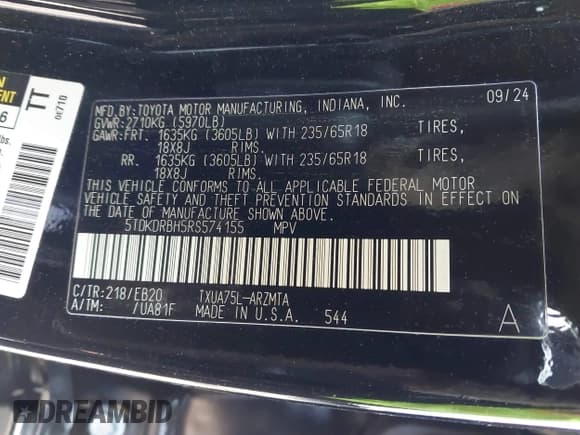 ✅ 2024 Toyota Highlander LE • VIN: 5TDKDRBH5RS574155 • Лот: 41700927. Опубликован ранее на IAAI с пробегом 1 143 миль. Бесплатный доступ к архиву аукционных продаж из США и подробный отчёт об истории автомобиля на DreamBid. Изображение 9.