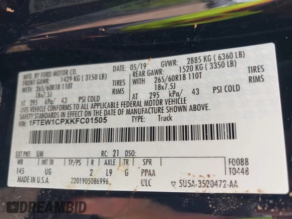 ✅ 2019 Ford F-150 XL • VIN: 1FTEW1CPXKFC01505 • Lot: 42664322. Listed on IAAI with 114,179 mi. Free auction sales archive from the USA and detailed vehicle history report at DreamBid. Image 9.