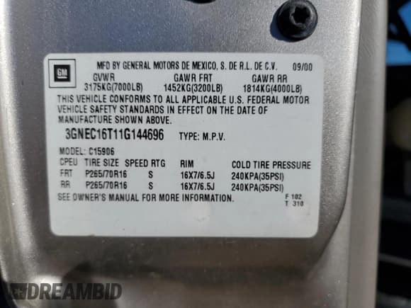 ✅ 2001 Chevrolet Suburban LT • VIN: 3GNEC16T11G144696 • Лот: 72712924. Опубликован ранее на Copart с пробегом Не указан. Бесплатный доступ к архиву аукционных продаж из США и подробный отчёт об истории автомобиля на DreamBid. Изображение 16.