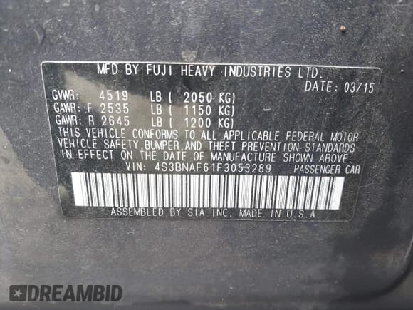 ✅ 2015 Subaru Legacy Premium • VIN: 4S3BNAF61F3053289 • Лот: 43719112. Опубликован ранее на IAAI с пробегом 168 063 миль. Бесплатный доступ к архиву аукционных продаж из США и подробный отчёт об истории автомобиля на DreamBid. Изображение 9.