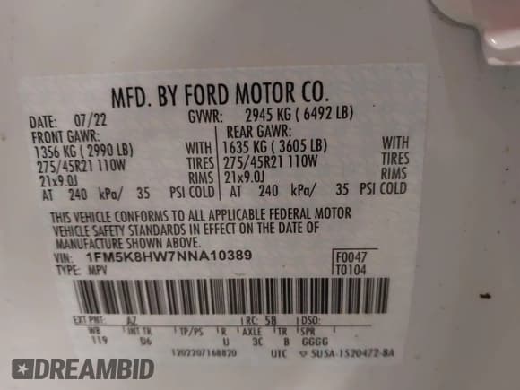 ✅ 2022 Ford Explorer Platinum • VIN: 1FM5K8HW7NNA10389 • Lot: 43598051. Wystawiony na IAAI z przebiegiem 53 841 mil. Bezpłatny archiwum sprzedaży aukcyjnych z USA i szczegółowy raport historii pojazdu na DreamBid. Zdjęcie 9.