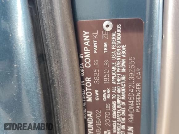 ✅ 2002 Hyundai Elantra GLS • VIN: KMHDN45D42U392655 • Lot: 63441985. Wystawiony na Copart z przebiegiem 146 738 mil. Bezpłatny archiwum sprzedaży aukcyjnych z USA i szczegółowy raport historii pojazdu na DreamBid. Zdjęcie 12.