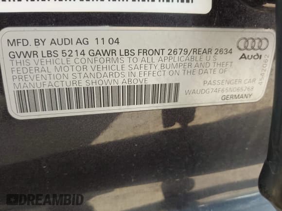 ✅ 2005 Audi A6 • VIN: WAUDG74F65N065768 • Лот: 43408293. Опубликован ранее на IAAI с пробегом 131 985 миль. Бесплатный доступ к архиву аукционных продаж из США и подробный отчёт об истории автомобиля на DreamBid. Изображение 9.