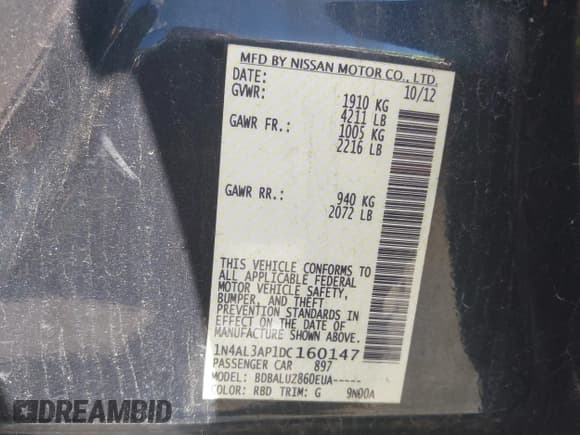 ✅ 2013 Nissan Altima SL • VIN: 1N4AL3AP1DC160147 • Lot: 43301513. Listed on IAAI with 143,987 mi. Free auction sales archive from the USA and detailed vehicle history report at DreamBid. Image 9.