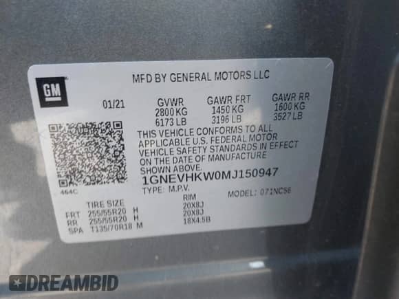 2021 Chevrolet Traverse LT with VIN 1GNEVHKW0MJ150947, listed as a IAAI auction lot 43146060 with 87,182 mi miles and . Bid and sale history available at DreamBid. Image 9.