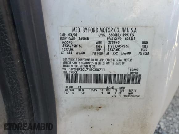 ✅ 2001 Ford F-250 XL • VIN: 1FTNF20L71EC58711 • Лот: 90374125. Опубликован ранее на Copart с пробегом 182 386 миль. Бесплатный доступ к архиву аукционных продаж из США и подробный отчёт об истории автомобиля на DreamBid. Изображение 12.