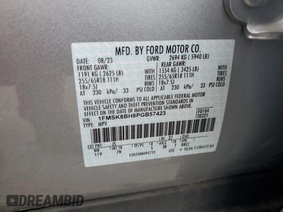 ✅ 2023 Ford Explorer • VIN: 1FMSK8BH8PGB57423 • Lot: 69307165. Wystawiony na Copart z przebiegiem 4 379 mil. Bezpłatny archiwum sprzedaży aukcyjnych z USA i szczegółowy raport historii pojazdu na DreamBid. Zdjęcie 12.