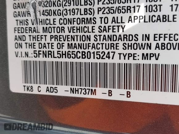 ✅ 2012 Honda Odyssey EX-L • VIN: 5FNRL5H65CB015247 • Lot: 42400390. Listed on IAAI with 226,679 mi. Free auction sales archive from the USA and detailed vehicle history report at DreamBid. Image 9.