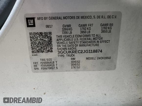 ✅ 2018 Chevrolet Silverado 1500 LT • VIN: 3GCUKREC2JG118874 • Лот: 59123584. Опубликован ранее на Copart с пробегом Не указан. Бесплатный доступ к архиву аукционных продаж из США и подробный отчёт об истории автомобиля на DreamBid. Изображение 12.