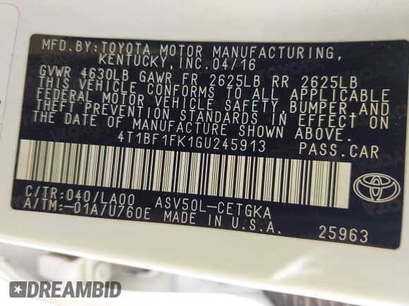 2016 Toyota Camry XLE with VIN 4T1BF1FK1GU245913, listed as a IAAI auction lot 42807024 with 148,877 mi miles and . Bid and sale history available at DreamBid. Image 9.