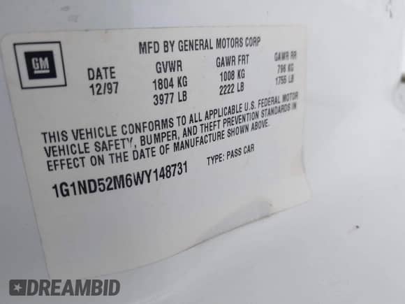 1998 Chevrolet Malibu z VIN 1G1ND52M6WY148731, wystawiony jako IAAI lot #41297219 z przebiegiem 228 054 mil mil oraz . Historia ofert i sprzedaży dostępna na DreamBid. Obrazek 9.