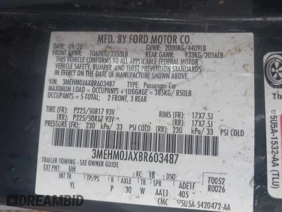 ✅ 2011 Mercury Milan Premier • VIN: 3MEHM0JAXBR603487 • Лот: 42709531. Опубликован ранее на IAAI с пробегом 182 211 миль. Бесплатный доступ к архиву аукционных продаж из США и подробный отчёт об истории автомобиля на DreamBid. Изображение 9.