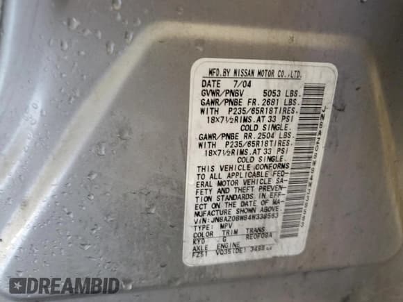 ✅ 2004 Nissan Murano SL • VIN: JN8AZ08W84W338563 • Lot: 83770395. Listed on Copart with 141,623 mi. Free auction sales archive from the USA and detailed vehicle history report at DreamBid. Image 13.