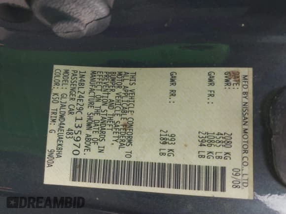 ✅ 2009 Nissan Altima SE • VIN: 1N4BL24E29C135970 • Lot: 41697555. Listed on IAAI with 232,896 mi. Free auction sales archive from the USA and detailed vehicle history report at DreamBid. Image 9.