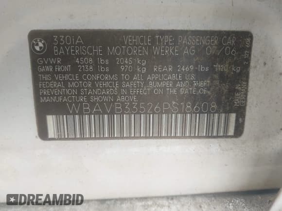 ✅ 2006 BMW 3 Series 330i • VIN: WBAVB33526PS18608 • Lot: 42521613. Listed on IAAI with Not provided. Free auction sales archive from the USA and detailed vehicle history report at DreamBid. Image 9.