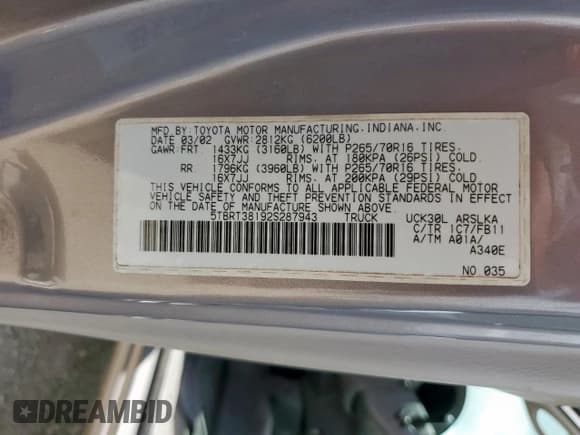 ✅ 2002 Toyota Tundra Limited • VIN: 5TBRT38192S287943 • Lot: 62606725. Listed on Copart with Not provided. Free auction sales archive from the USA and detailed vehicle history report at DreamBid. Image 12.