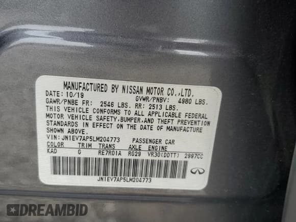 ✅ 2020 Infiniti Q50 Edition 30 • VIN: JN1EV7AP5LM204773 • Lot: 53693095. Listed on Copart with Not provided. Free auction sales archive from the USA and detailed vehicle history report at DreamBid. Image 12.