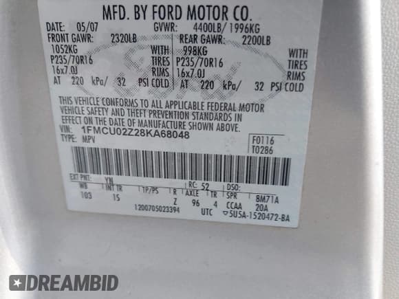 ✅ 2008 Ford Escape XLS • VIN: 1FMCU02Z28KA68048 • Lot: 43189961. Listed on IAAI with 280,735 mi. Free auction sales archive from the USA and detailed vehicle history report at DreamBid. Image 9.