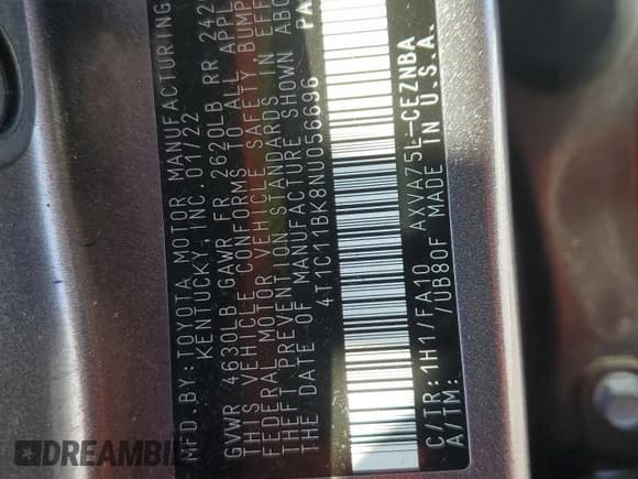 ✅ 2022 Toyota Camry LE • VIN: 4T1C11BK8NU056696 • Lot: 80523965. Listed on Copart with 32,249 mi. Free auction sales archive from the USA and detailed vehicle history report at DreamBid. Image 12.