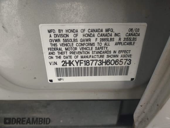 ✅ 2003 Honda Pilot EX • VIN: 2HKYF18773H606573 • Lot: 42653055. Listed on IAAI with 258,209 mi. Free auction sales archive from the USA and detailed vehicle history report at DreamBid. Image 9.