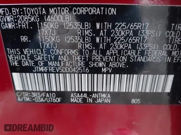 ✅ 2013 Toyota RAV4 XLE • VIN: JTMRFREV5DD042516 • Lot: 43829702. Listed on IAAI with 205,345 mi. Free auction sales archive from the USA and detailed vehicle history report at DreamBid. Image 9.