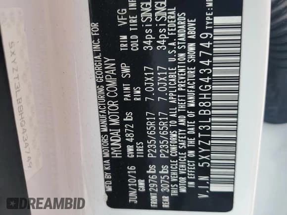 ✅ 2017 Hyundai Santa Fe 2.4L • VIN: 5XYZT3LB8HG434749 • Лот: 60261275. Опубликован ранее на Copart с пробегом 128 099 миль. Бесплатный доступ к архиву аукционных продаж из США и подробный отчёт об истории автомобиля на DreamBid. Изображение 13.