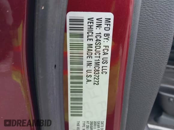2021 Dodge Durango R/T with VIN 1C4SDJCT1MC837272, listed as a IAAI auction lot 42331774 with 33,038 mi miles and . Bid and sale history available at DreamBid. Image 9.