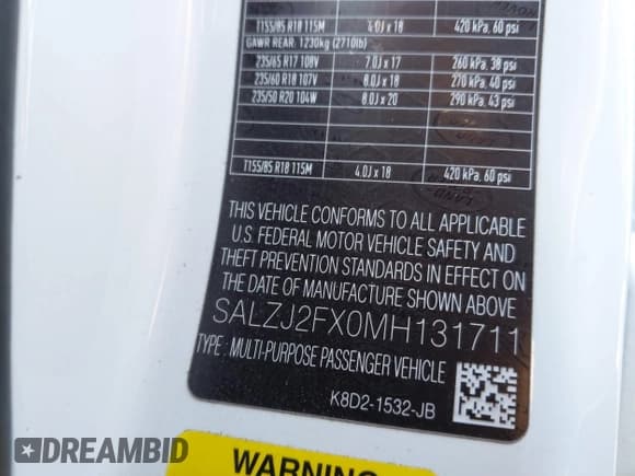 ✅ 2021 Land Rover Range Rover Evoque S • VIN: SALZJ2FX0MH131711 • Lot: 41528027. Wystawiony na IAAI z przebiegiem 47 357 mil. Bezpłatny archiwum sprzedaży aukcyjnych z USA i szczegółowy raport historii pojazdu na DreamBid. Zdjęcie 9.