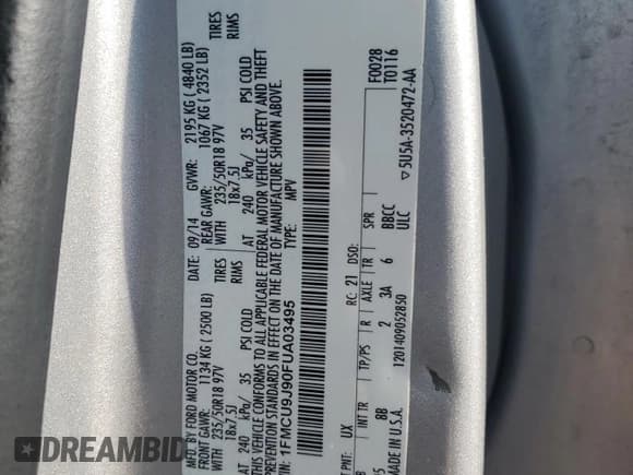 ✅ 2015 Ford Escape Titanium • VIN: 1FMCU9J90FUA03495 • Lot: 54604325. Listed on Copart with 248,244 mi. Free auction sales archive from the USA and detailed vehicle history report at DreamBid. Image 12.