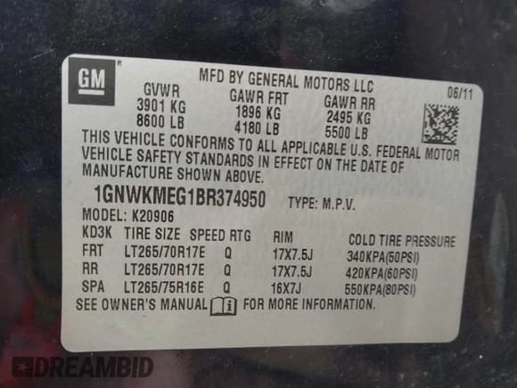 ✅ 2011 Chevrolet Suburban • VIN: 1GNWKMEG1BR374950 • Lot: 42781182. Listed on IAAI with 304,690 mi. Free auction sales archive from the USA and detailed vehicle history report at DreamBid. Image 9.