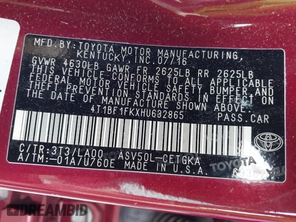 ✅ 2017 Toyota Camry SE • VIN: 4T1BF1FKXHU632865 • Lot: 43501836. Listed on IAAI with 99,285 mi. Free auction sales archive from the USA and detailed vehicle history report at DreamBid. Image 9.