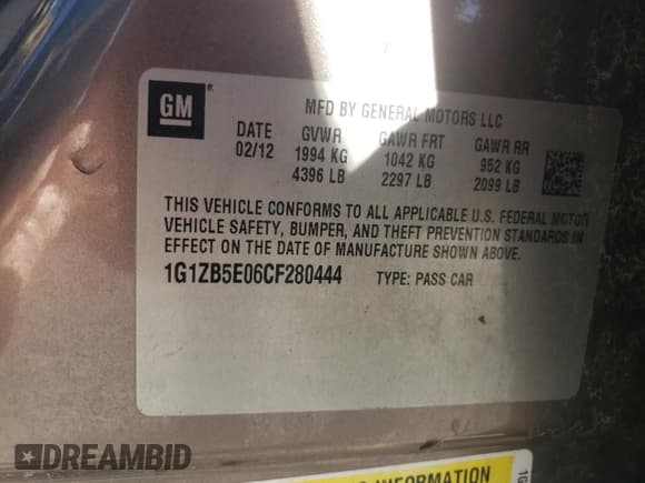 ✅ 2012 Chevrolet Malibu 1LS • VIN: 1G1ZB5E06CF280444 • Lot: 81334554. Listed on Copart with 175,529 mi. Free auction sales archive from the USA and detailed vehicle history report at DreamBid. Image 13.