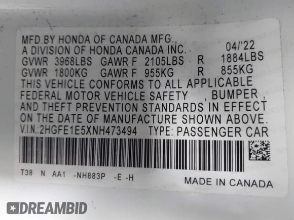 ✅ 2022 Honda Civic Si • VIN: 2HGFE1E5XNH473494 • Lot: 42863243. Listed on IAAI with 34,489 mi. Free auction sales archive from the USA and detailed vehicle history report at DreamBid. Image 9.