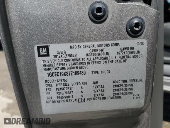 ✅ 2007 Chevrolet Silverado 1500 LT1 • VIN: 1GCEC19X87Z189439 • Lot: 72137054. Listed on Copart with 165,171 mi. Free auction sales archive from the USA and detailed vehicle history report at DreamBid. Image 13.