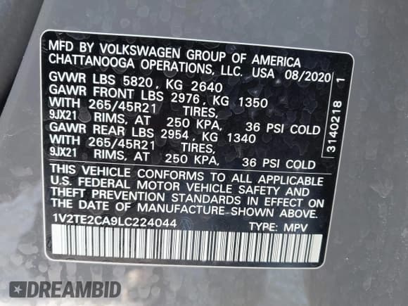 ✅ 2020 Volkswagen Atlas SEL Premium R-Line • VIN: 1V2TE2CA9LC224044 • Lot: 41590317. Wystawiony na IAAI z przebiegiem 40 829 mil. Bezpłatny archiwum sprzedaży aukcyjnych z USA i szczegółowy raport historii pojazdu na DreamBid. Zdjęcie 9.