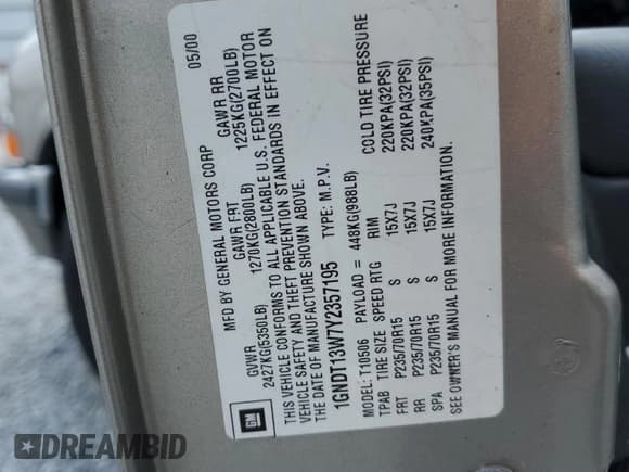 ✅ 2000 Chevrolet Blazer LS • VIN: 1GNDT13W7Y2357195 • Lot: 59699065. Wystawiony na Copart z przebiegiem Nie podano. Bezpłatny archiwum sprzedaży aukcyjnych z USA i szczegółowy raport historii pojazdu na DreamBid. Zdjęcie 14.