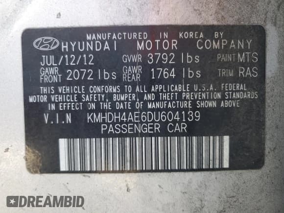 ✅ 2013 Hyundai Elantra Limited • VIN: KMHDH4AE6DU604139 • Lot: 67251095. Listed on Copart with 131,729 mi. Free auction sales archive from the USA and detailed vehicle history report at DreamBid. Image 12.