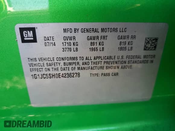 ✅ 2014 Chevrolet Sonic LT • VIN: 1G1JC5SH0E4236278 • Лот: 73875594. Размещён на Copart с пробегом 110 929 миль миль. Получите бесплатный доступ к архиву аукционных продаж из США и посмотрите подробный отчёт об истории автомобиля на DreamBid. Изображение 13.