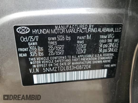 ✅ 2018 Hyundai Santa Fe 2.4L • VIN: 5NMZTDLB3JH087204 • Lot: 37556033. Wystawiony na Copart z przebiegiem 76 227 mil mil. Skorzystaj z bezpłatnego archiwum sprzedaży aukcyjnych z USA i zobacz szczegółowy raport historii pojazdu na DreamBid. Zdjęcie 15.