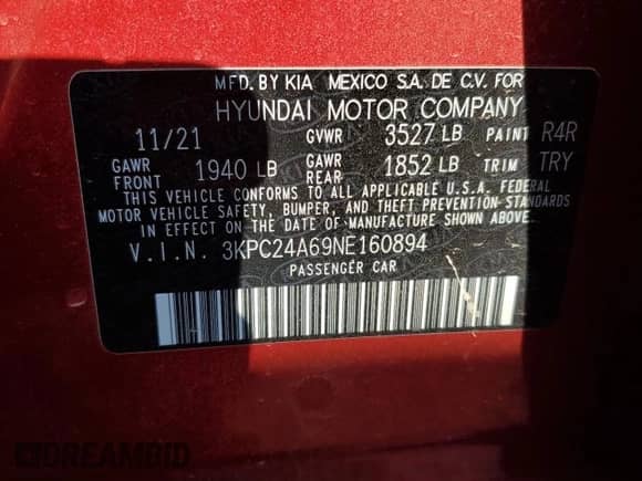 2022 Hyundai Accent SE z VIN 3KPC24A69NE160894, wystawiony jako Copart lot #69313134 z przebiegiem 13 555 mil mil oraz Szkoda całkowita • Salvage title. Historia ofert i sprzedaży dostępna na DreamBid. Obrazek 14.