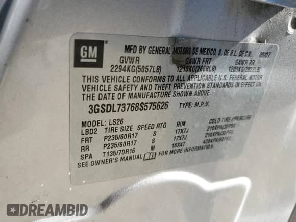 2008 Saturn VUE XR with VIN 3GSDL73768S575626, listed as a Copart auction lot 81950934 with 184,539 mi miles and Salvage title. Bid and sale history available at DreamBid. Image 12.