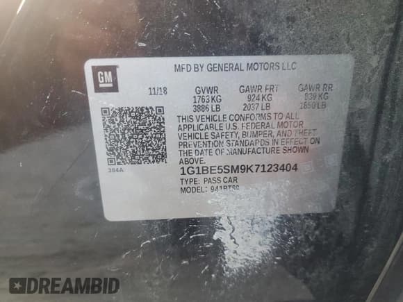 ✅ 2019 Chevrolet Cruze LT • VIN: 1G1BE5SM9K7123404 • Lot: 46878233. Listed on Copart with 81,717 mi. Free auction sales archive from the USA and detailed vehicle history report at DreamBid. Image 13.