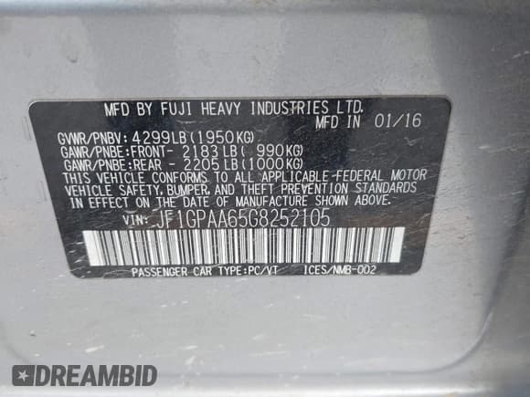 ✅ 2016 Subaru Impreza 2.0i • VIN: JF1GPAA65G8252105 • Lot: 43386749. Listed on IAAI with 229,338 mi. Free auction sales archive from the USA and detailed vehicle history report at DreamBid. Image 9.